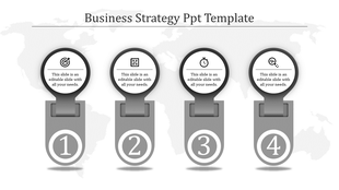 Gray themed infographic with four vertical steps, circular icons on top, and numbered sections over a world map.