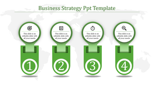 Visual layout with four vertical green blocks, circular tops with icons, and numbered bases on a grayscale map.