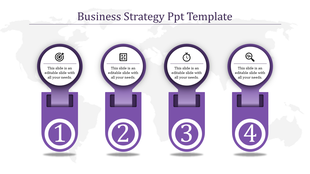 Four-step business strategy design in purple, each step showing an icon and number over a muted world map backdrop.