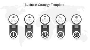Grayscale business strategy design featuring five numbered icons on a subtle world map background.