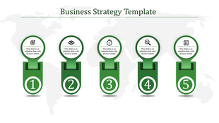 Business strategy PPT slide featuring five green sections with icons representing goals, analysis, time, monitoring, and tasks.
