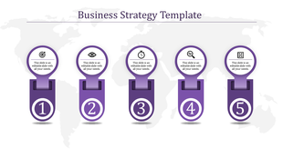Business strategy slide featuring five purple sections with icons representing goals, analysis, time, monitoring, and tasks.