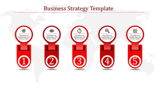 Infographic showcasing five numbered red blocks with circular icons, arranged horizontally over a faint world map.