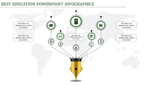 Infographic PPT template for education, featuring five text sections connected to a fountain pen with icons.