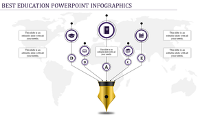 Infographic PPT template for education, featuring five text sections connected to a fountain pen with blue icons.