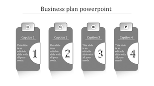Business plan PowerPoint template with four gray colored sections, each with a numbered icon and captions.