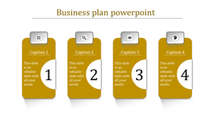 Business plan slide in gold, featuring four blocks with icons, numeric labels, and placeholders text areas.