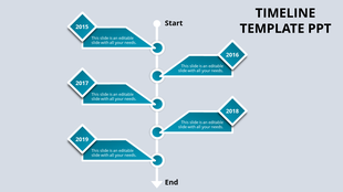 Vertical timeline template with teal diamond shaped markers for years 2015 to 2019 connected by a central white line.