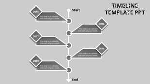Five gray diamond shaped timeline with key years on either side of a vertical line and text descriptions.
