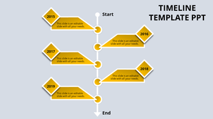 PowerPoint timeline template with yellow diamond markers for years 2015 to 2019 and caption fields.