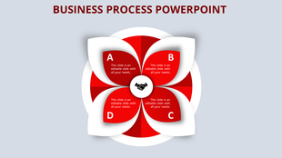 Business process PowerPoint template with four red segments A, B, C, and D, and a handshake graphic in the center.