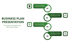 Business plan PPT slide with numbered steps 01 to 04 and icons for ideas, strategy, progress, and timing on a green theme.