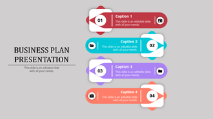 Business plan slide with four numbered blocks in red, blue, purple, and orange, arranged vertically, on a gray background.
