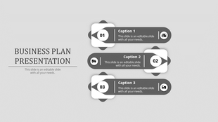 Monochrome business plan infographic with three steps, numbered circles, captions, and business-related icons in grayscale.