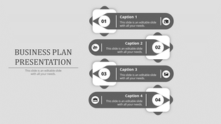Horizontal business plan layout with four gray highlights, numbered steps, and white boxes arranged vertically.
