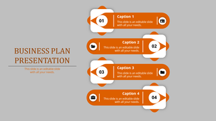 Business plan presentation slide with four orange steps, each featuring an icon and caption.
