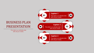Three step business slide with red and white sections, featuring numbered icons, and captions, on a gray background.