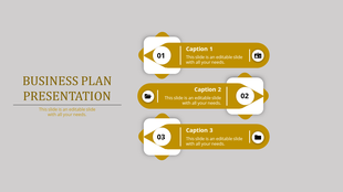 Business plan slide featuring three numbered steps in yellow and white, associated with captions.