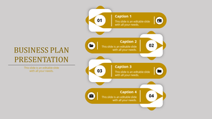 Business plan layout with four horizontal gold banners featuring icons and captions areas in a grey background.