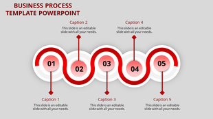 Business process PowerPoint slide with five red circular steps, each step labeled with captions.