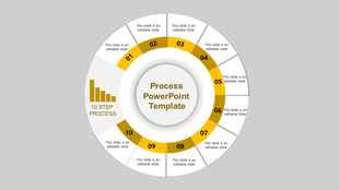 Process infographic with a central label, segmented gold sections, and placeholder text areas around the outer ring.