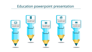 Education PowerPoint presentation template with five blue pencils, each representing a different concept, with icons.