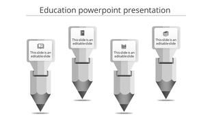 Education PowerPoint template with four gray pencils, each representing a different topic with icons and text sections.
