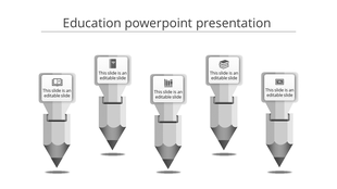 Education PowerPoint presentation template with five gray pencils, each representing a different concept, with icons.
