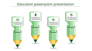 Slide featuring four green pencils with gold tips, and icons on top, arranged evenly against a white backdrop.