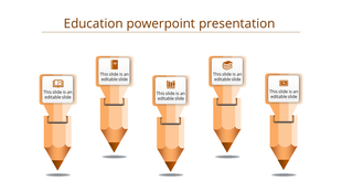 Educational PowerPoint slide with pencil shaped graphics and text boxes for content sections.
