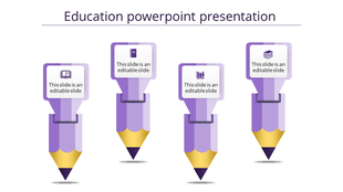 Four vertical purple pencils with gold tips, each topped with square icons and text boxes, on a white background.