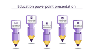 Education themed template with five vertical purple pencil graphics, paired with text boxes on top.