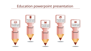 Set of five stylized pencils with educational icons and text boxes, symbolizing different aspects of learning and academia.