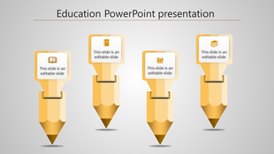 Education themed infographic with four yellow pencils, each featuring an icon and a floating caption areas.
