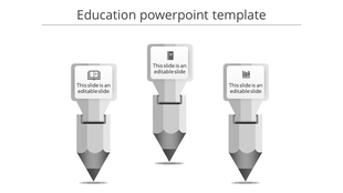 Three grayscale pencil themed infographic elements with educational icons and text boxes, symbolizing key learning concepts.