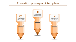 Education slide featuring three orange pencils with icons on top, arranged vertically on a white background.