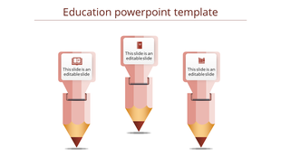 Slide design featuring three pencil shaped elements with placeholders for educational content.