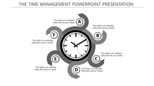 Time management infographic featuring a clock in the center with six gray circular arrows labeled A to F around it.