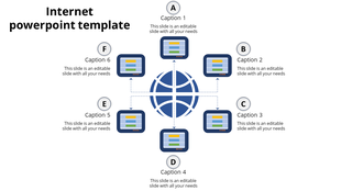 Network diagram with a central blue globe icon connected to six computer screens labeled A to F, each featuring data charts.