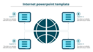Internet network diagram with a central globe icon connected to four computer screens, each labeled with caption areas.