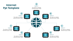 Seven surrounding icons connected to a central globe by dotted arrows in a blue and black themed layout.