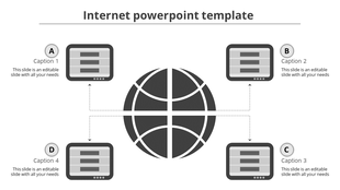 Monochrome network infographic featuring a central globe connected to four screens, representing digital communication.