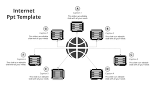 Gray themed slide showing a globe in the center linked by dotted arrows to eight black rectangular icons with captions.