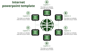 Green themed network design with a globe in the center and six connected rectangles arranged symmetrically around it.