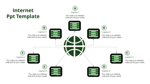 Internet connectivity concept with a dark green global network symbol branching out to seven digital screens through  arrows.
