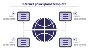 Internet PPT slide with a central globe and four connected devices for showcasing digital networks and global connectivity.