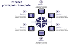 Slide showing a purple central globe connected to six surrounding rectangles with captions in a radial layout.