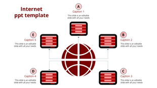 Red internet PowerPoint template with a central globe and five connected devices illustrating global digital communication.
