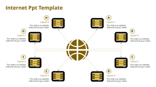 Yellow themed infographic with a central globe connected to eight surrounding icons with dotted arrows.