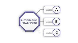 Infographic PPT slide with a purple central hexagonal section and three surrounding text boxes labeled A, B, and C.